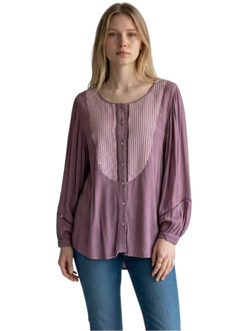 XCVI Boho Blouse Medium Mauve Pintuck Lace Trim Button Front Flowy